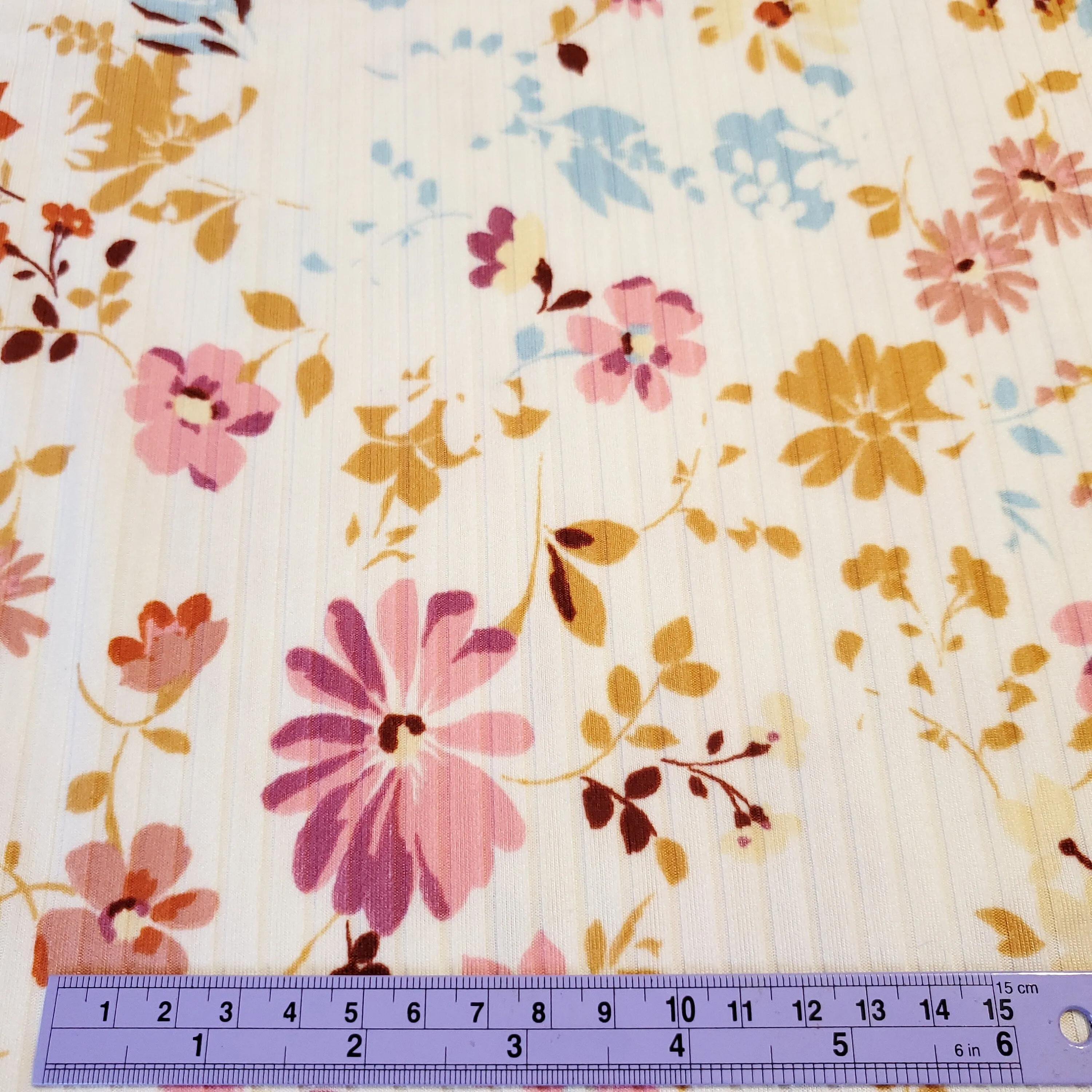 Ribbed Knit Fabric, 4 way Stretch, Beautiful Ivory with Pink and Blue Floral Print, Soft and Flowy Fabric, 8x3 Rib, Sold by the Half Yard