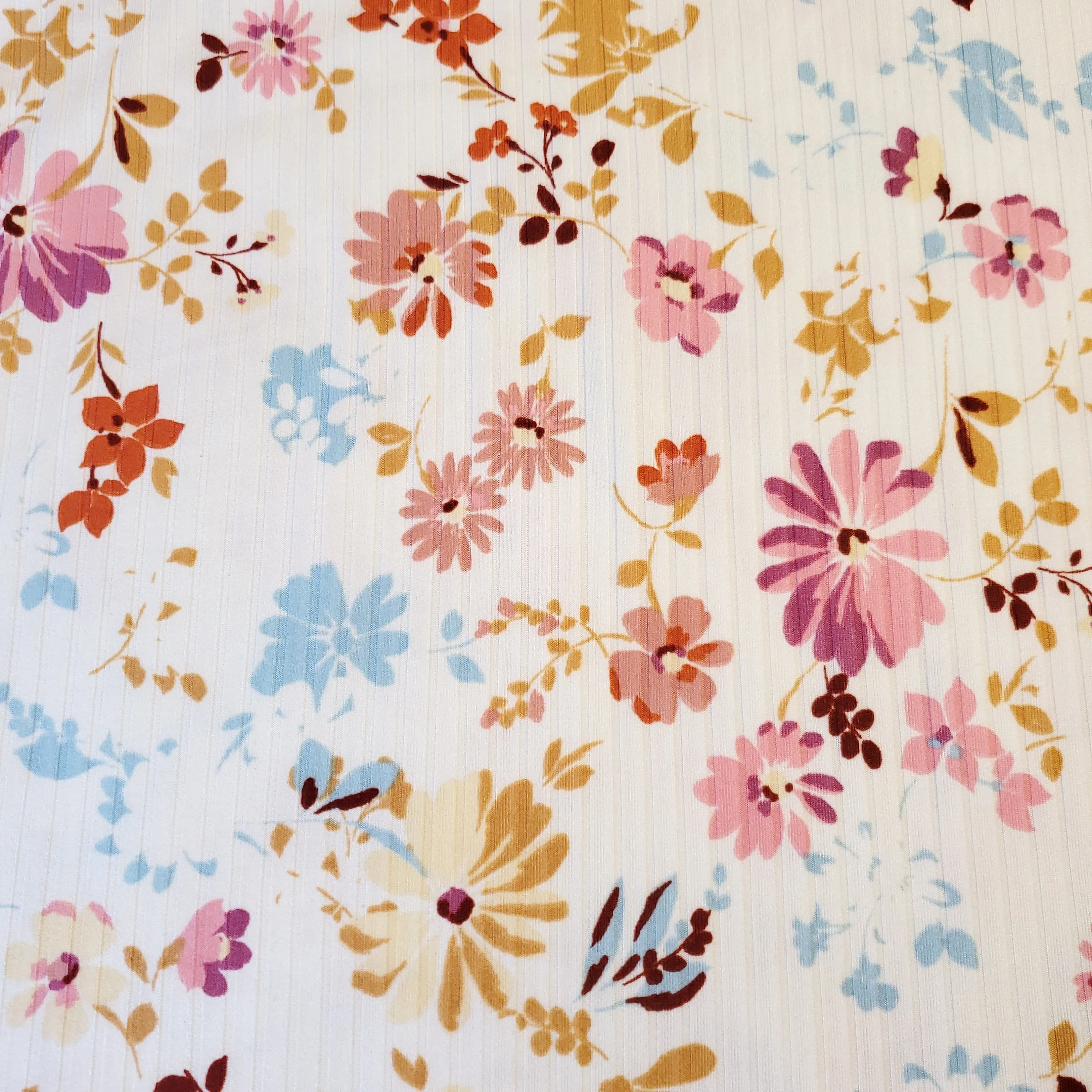 Ribbed Knit Fabric, 4 way Stretch, Beautiful Ivory with Pink and Blue Floral Print, Soft and Flowy Fabric, 8x3 Rib, Sold by the Half Yard