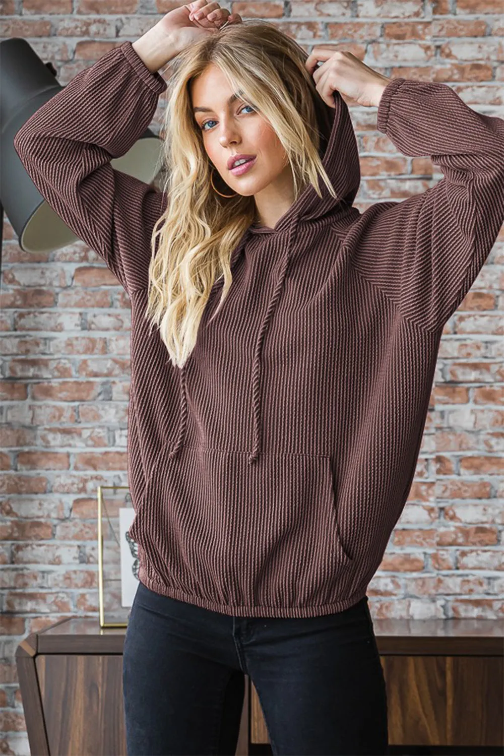 Ribbed Long Sleeve Hoodie with Kangaroo Pocket