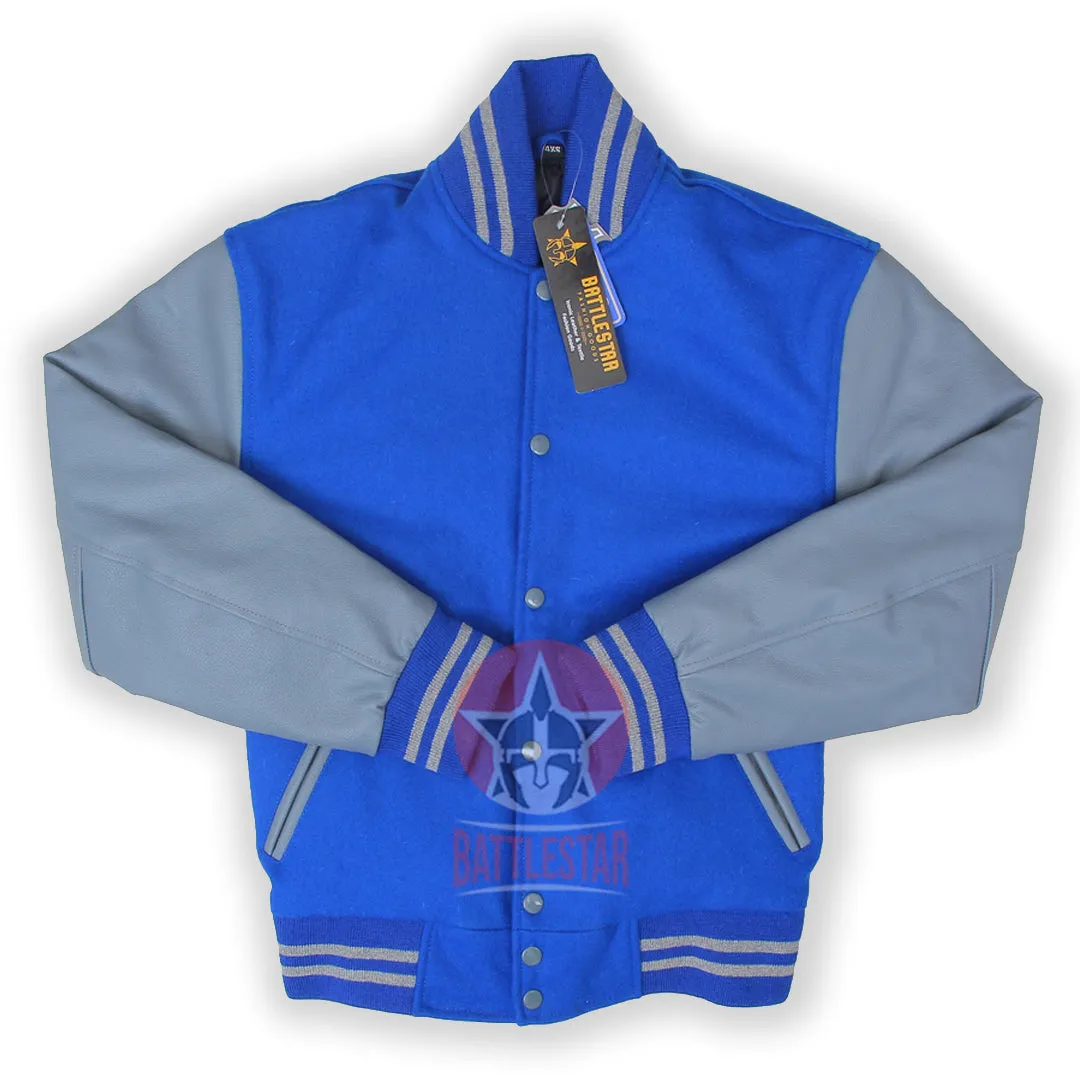 Royal Blue Wool Varsity Jacket Grey Pure Leather Sleeves