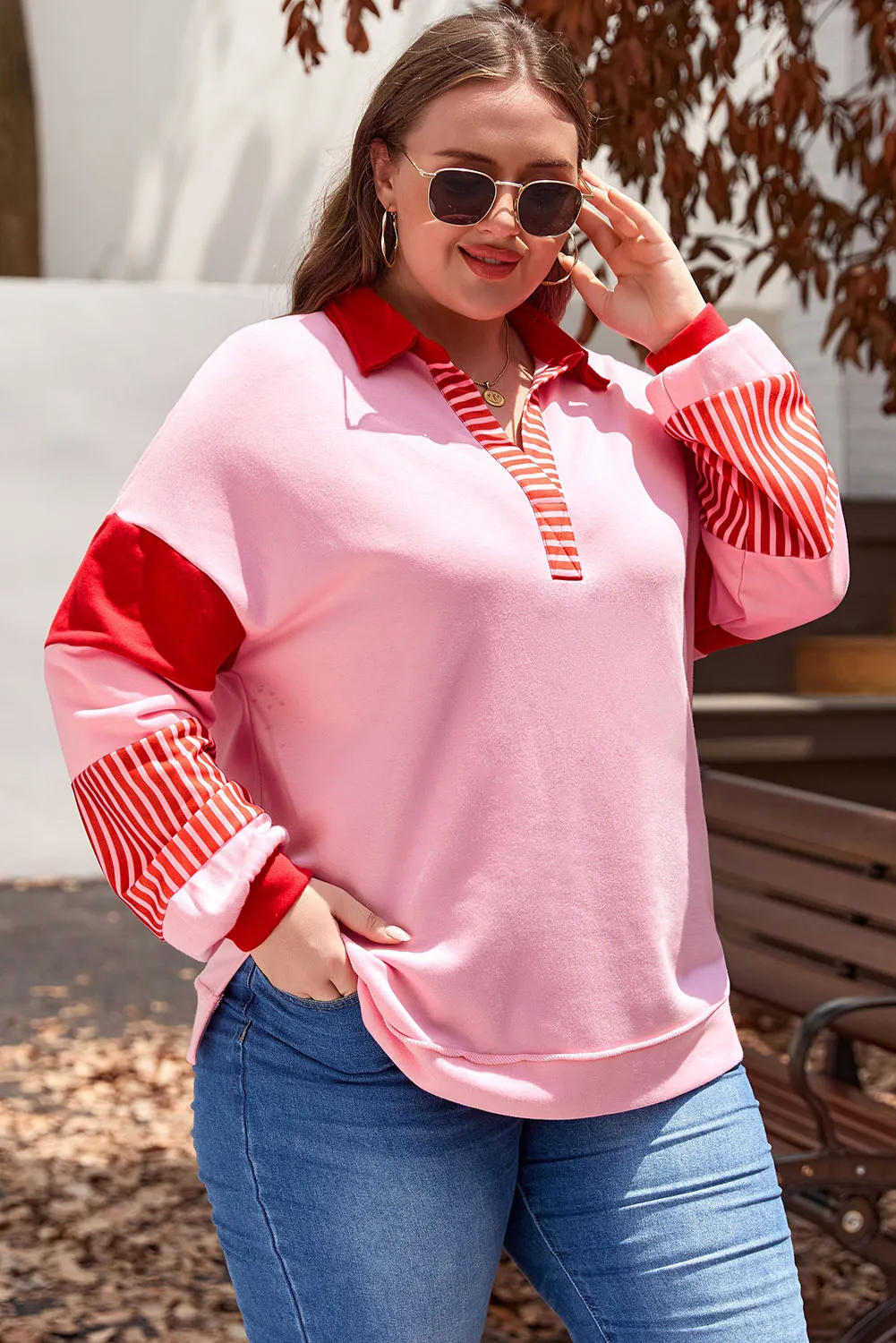 Side Split Collared Plus Size Sweatshirt