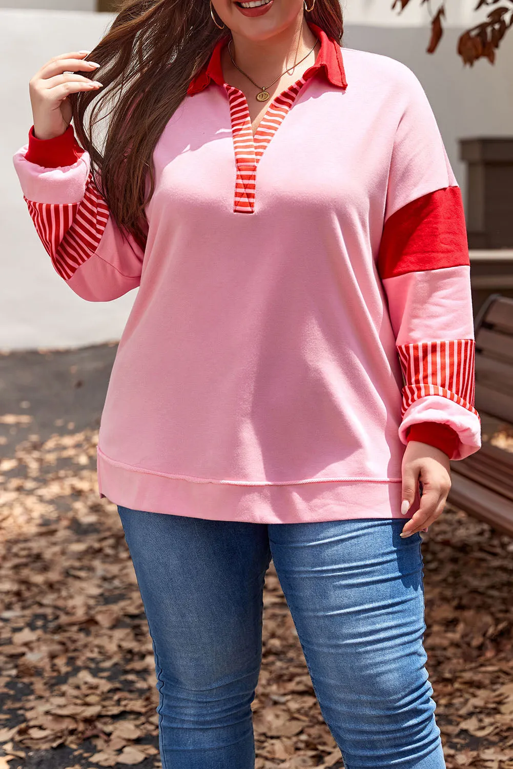 Side Split Collared Plus Size Sweatshirt