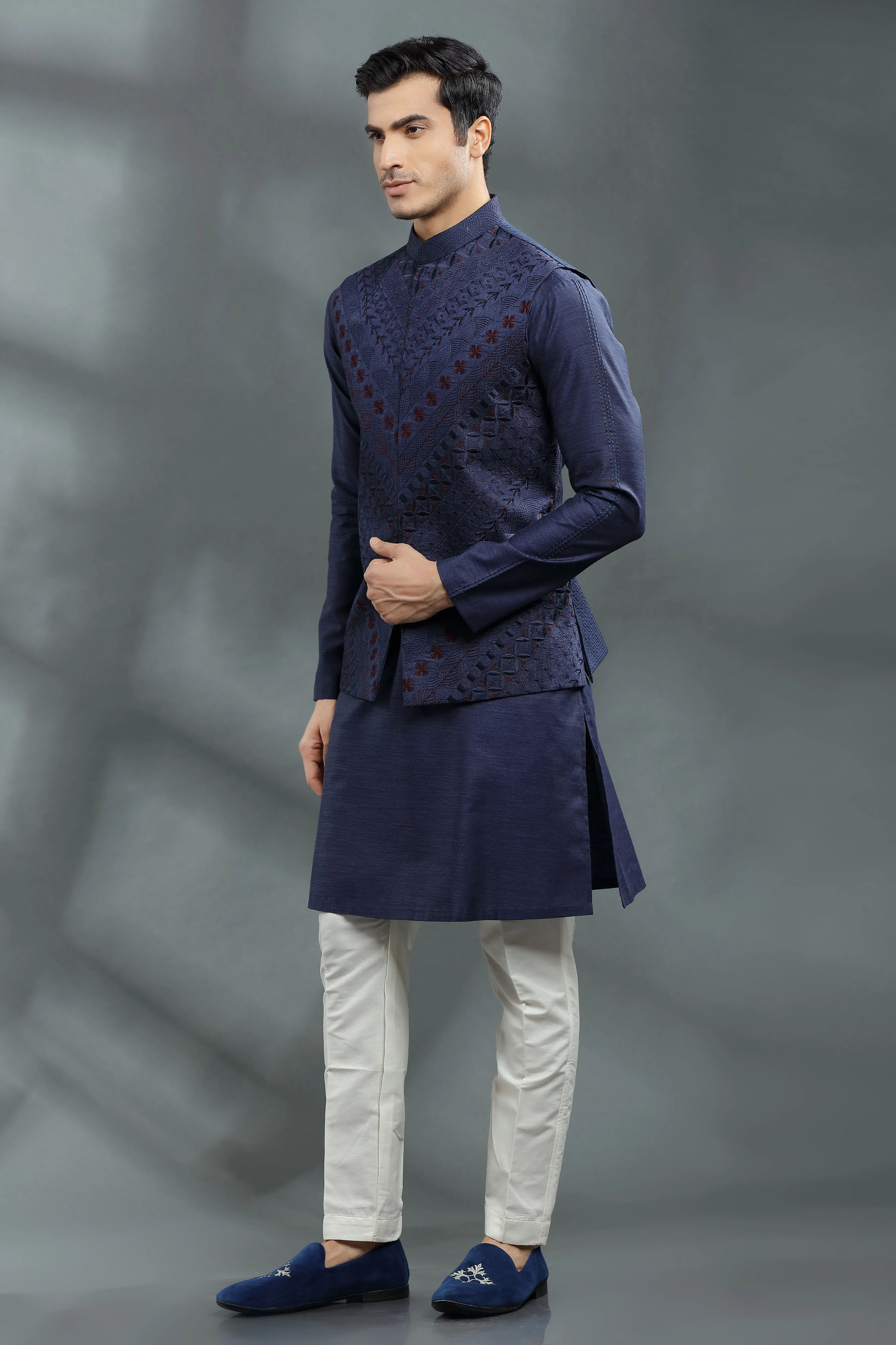 Silk Jacket with silk kurta and pants.