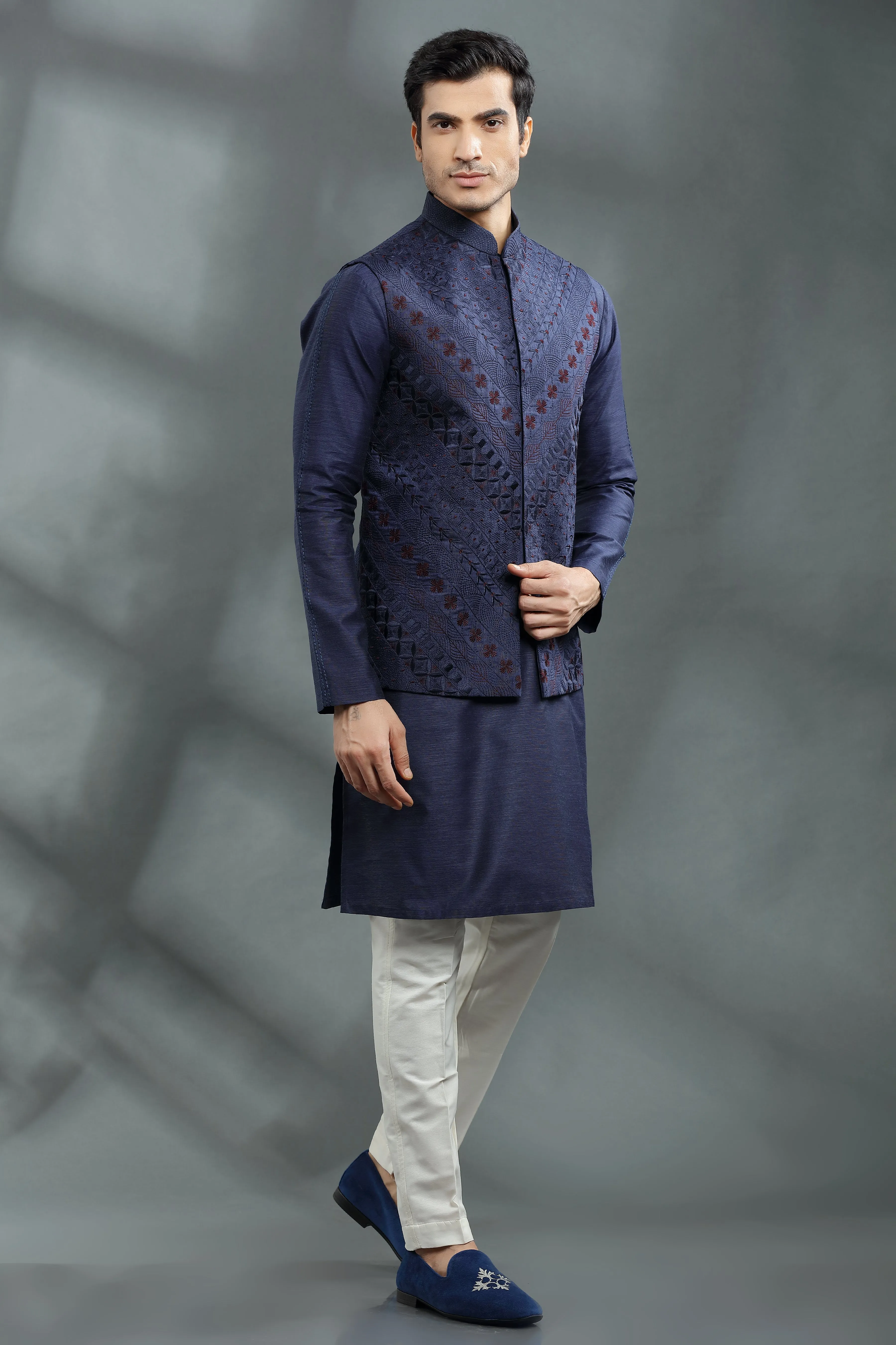 Silk Jacket with silk kurta and pants.