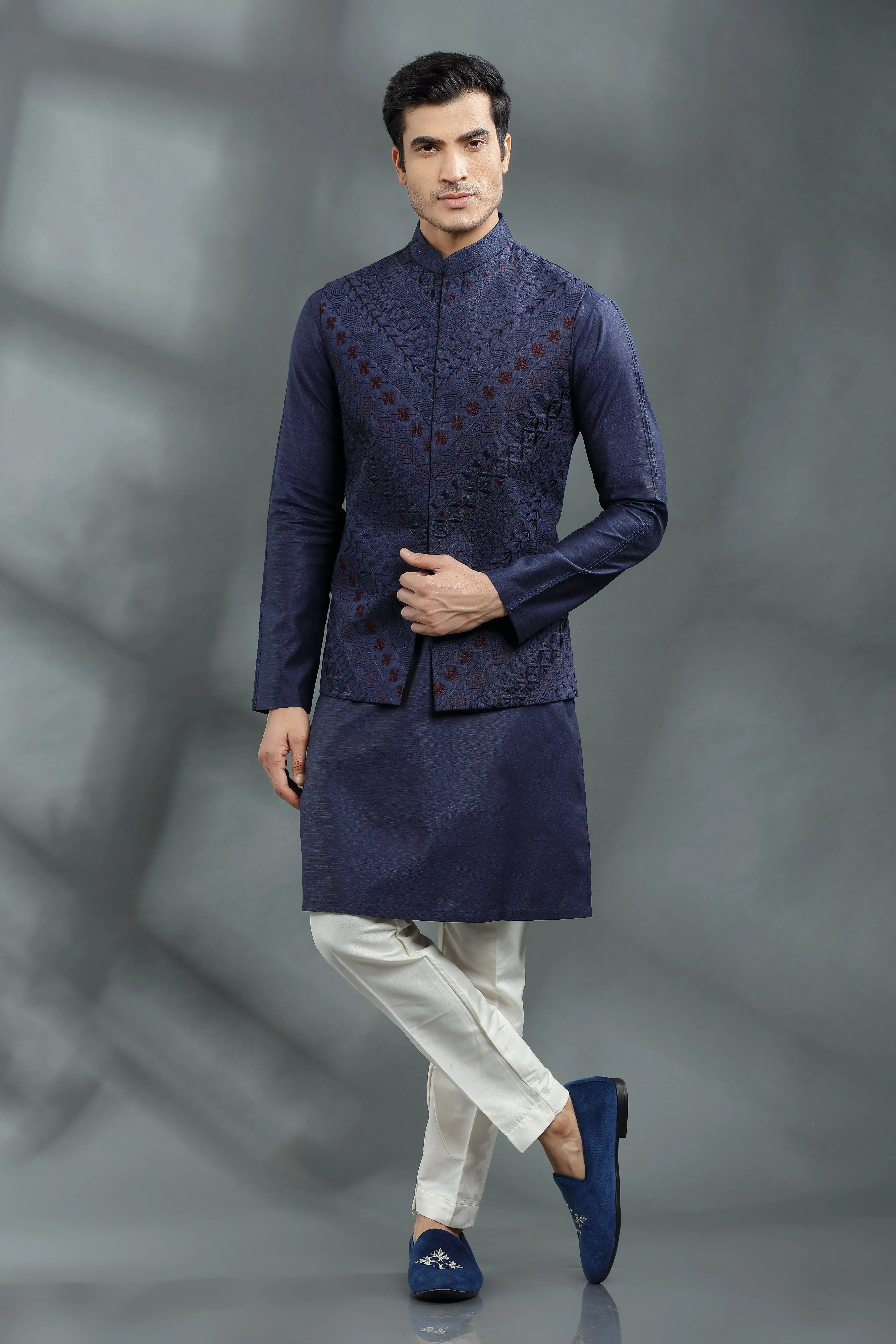 Silk Jacket with silk kurta and pants.