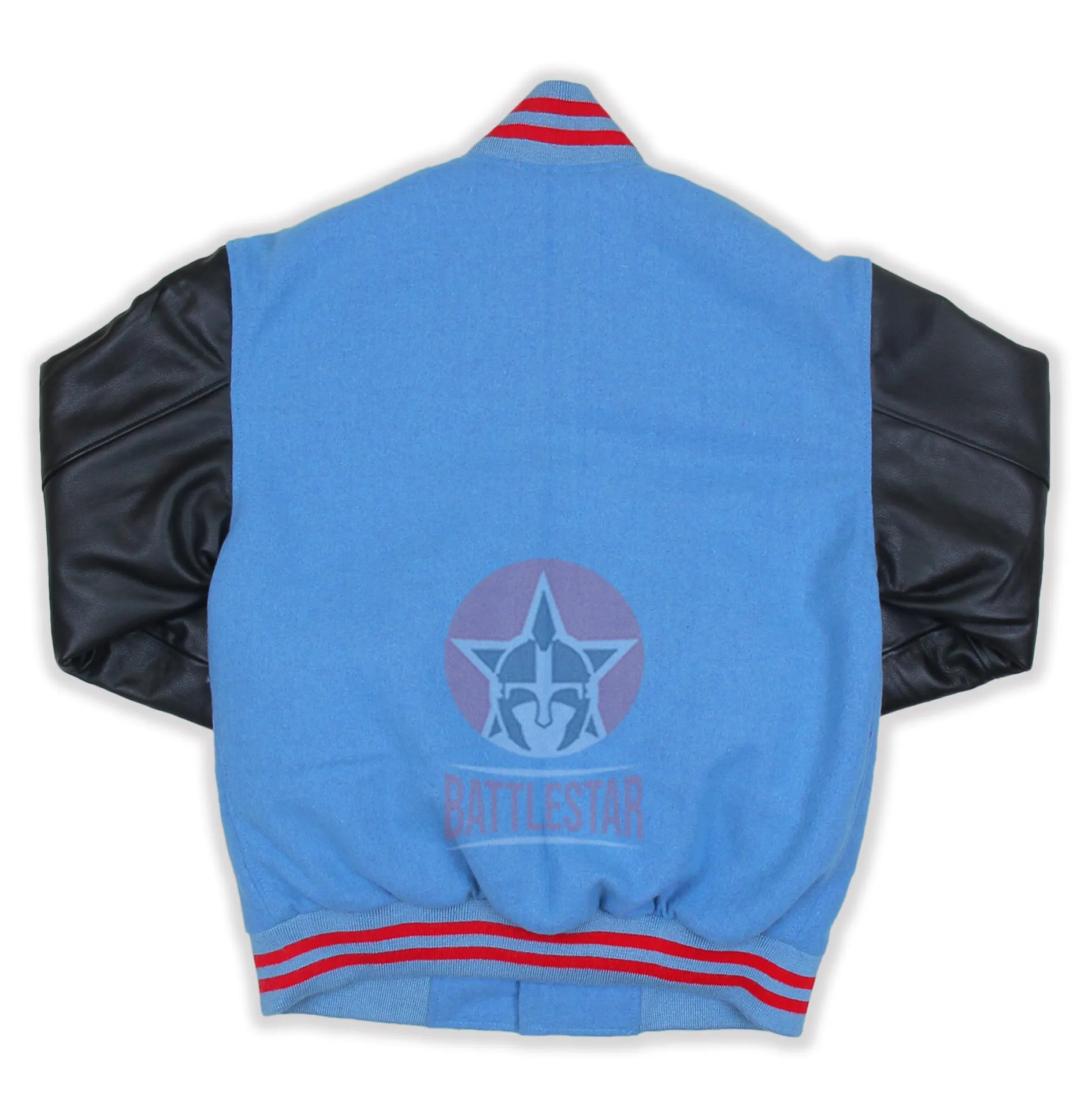 Sky Blue Wool Black Leather Sleeves Varsity Jacket