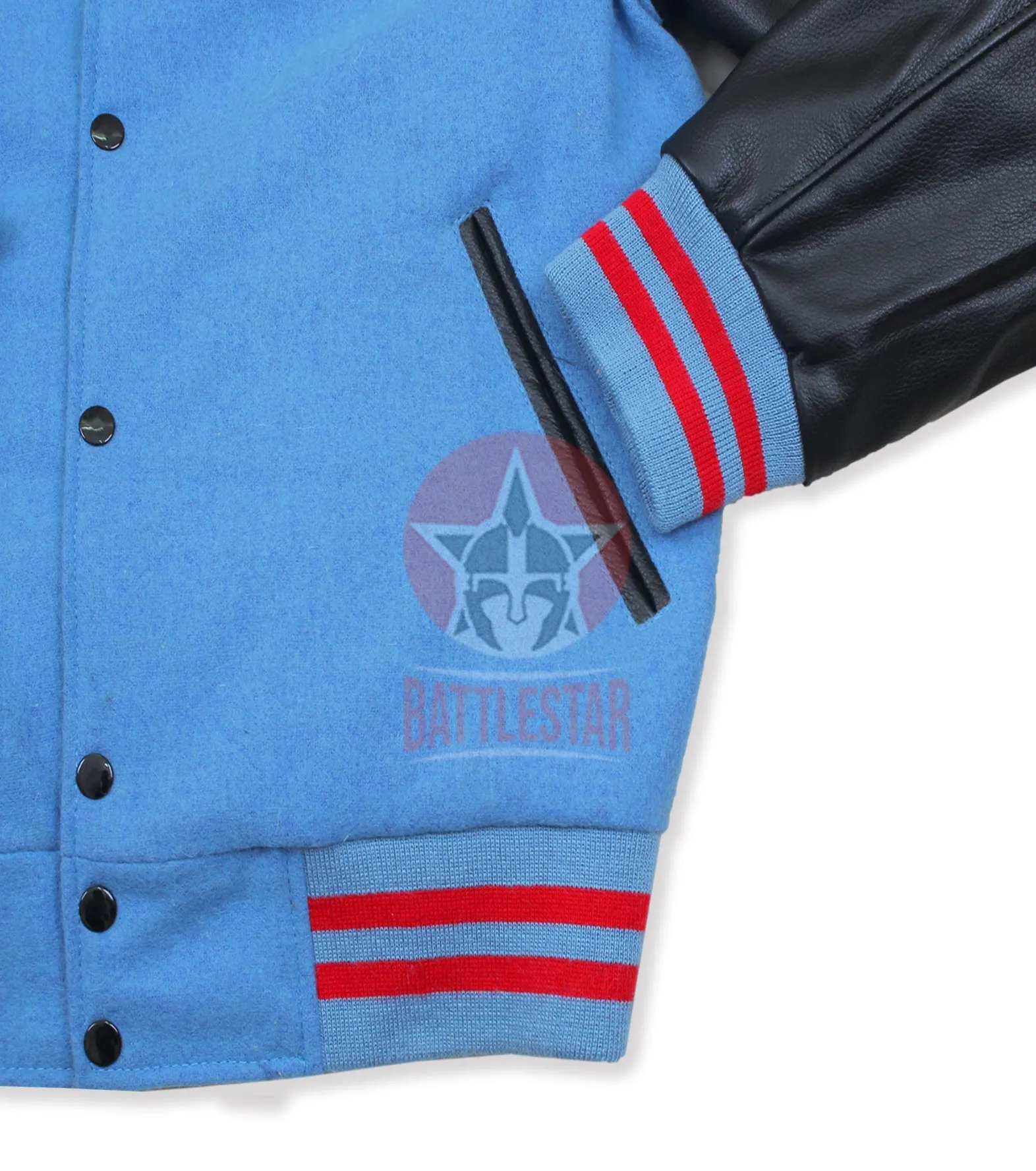 Sky Blue Wool Black Leather Sleeves Varsity Jacket