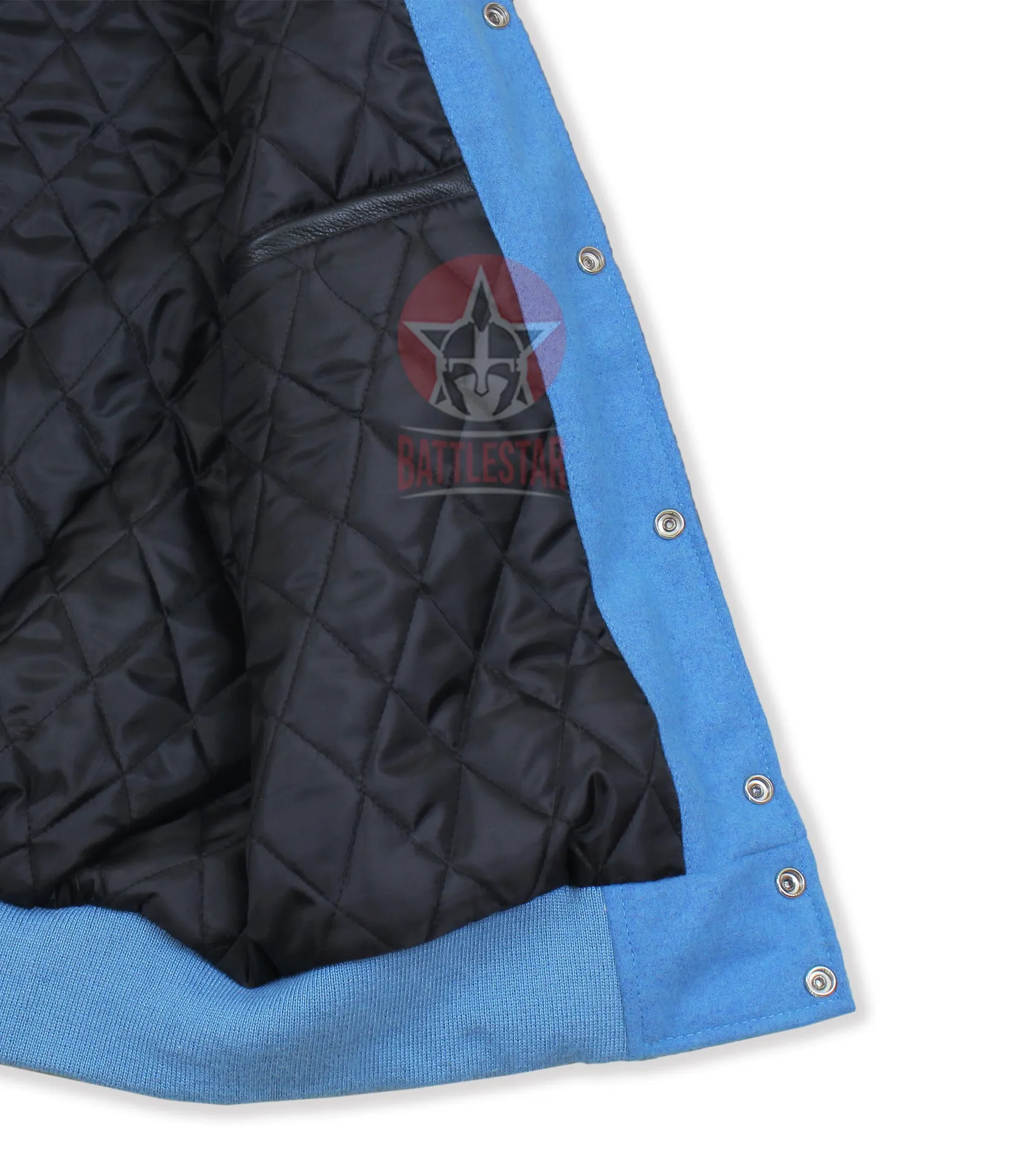 Sky Blue Wool Black Leather Sleeves Varsity Jacket