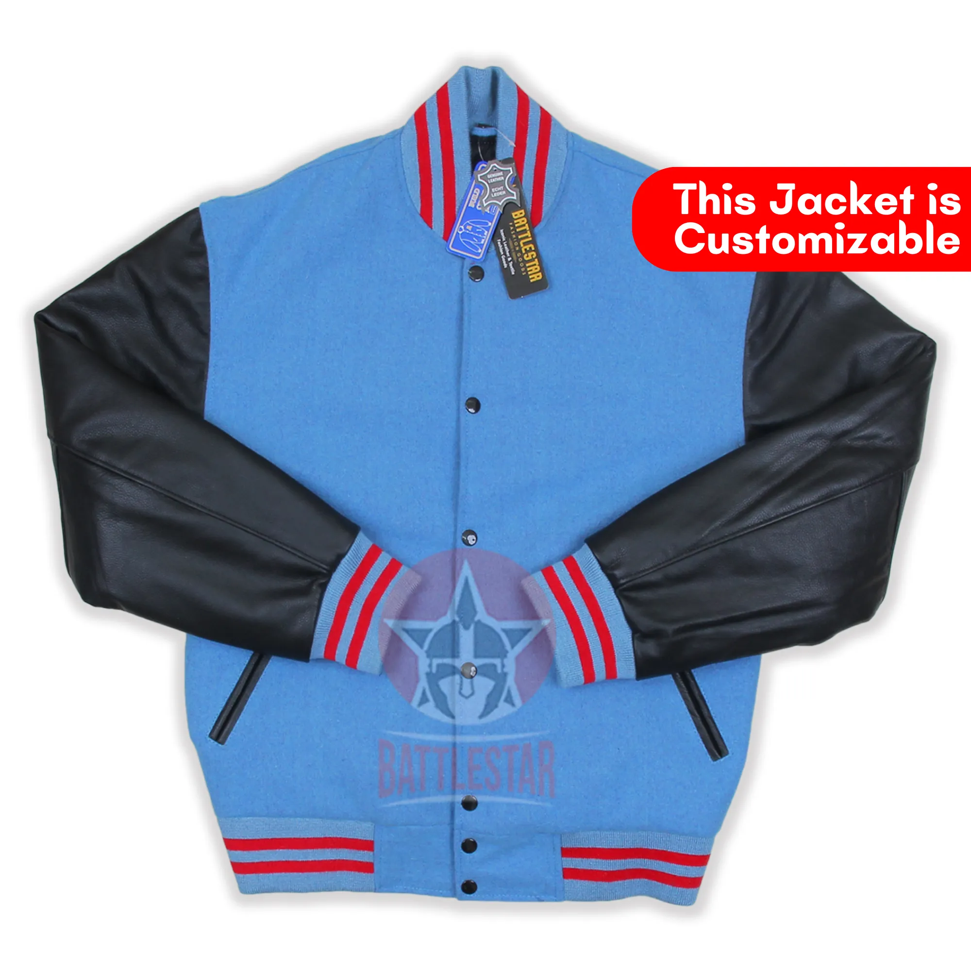 Sky Blue Wool Black Leather Sleeves Varsity Jacket