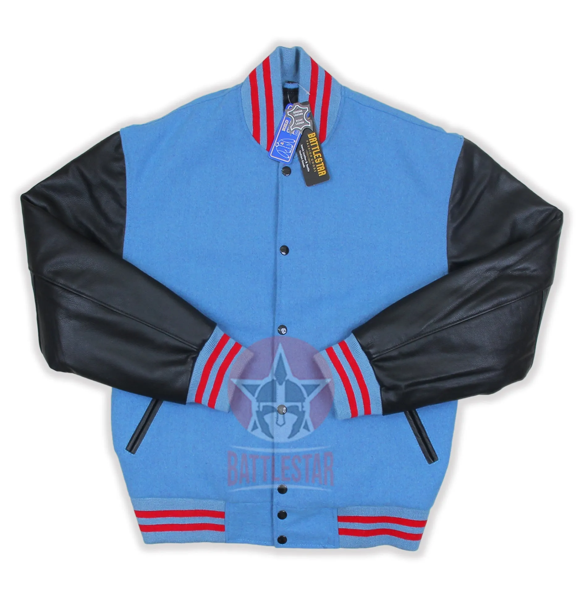 Sky Blue Wool Black Leather Sleeves Varsity Jacket