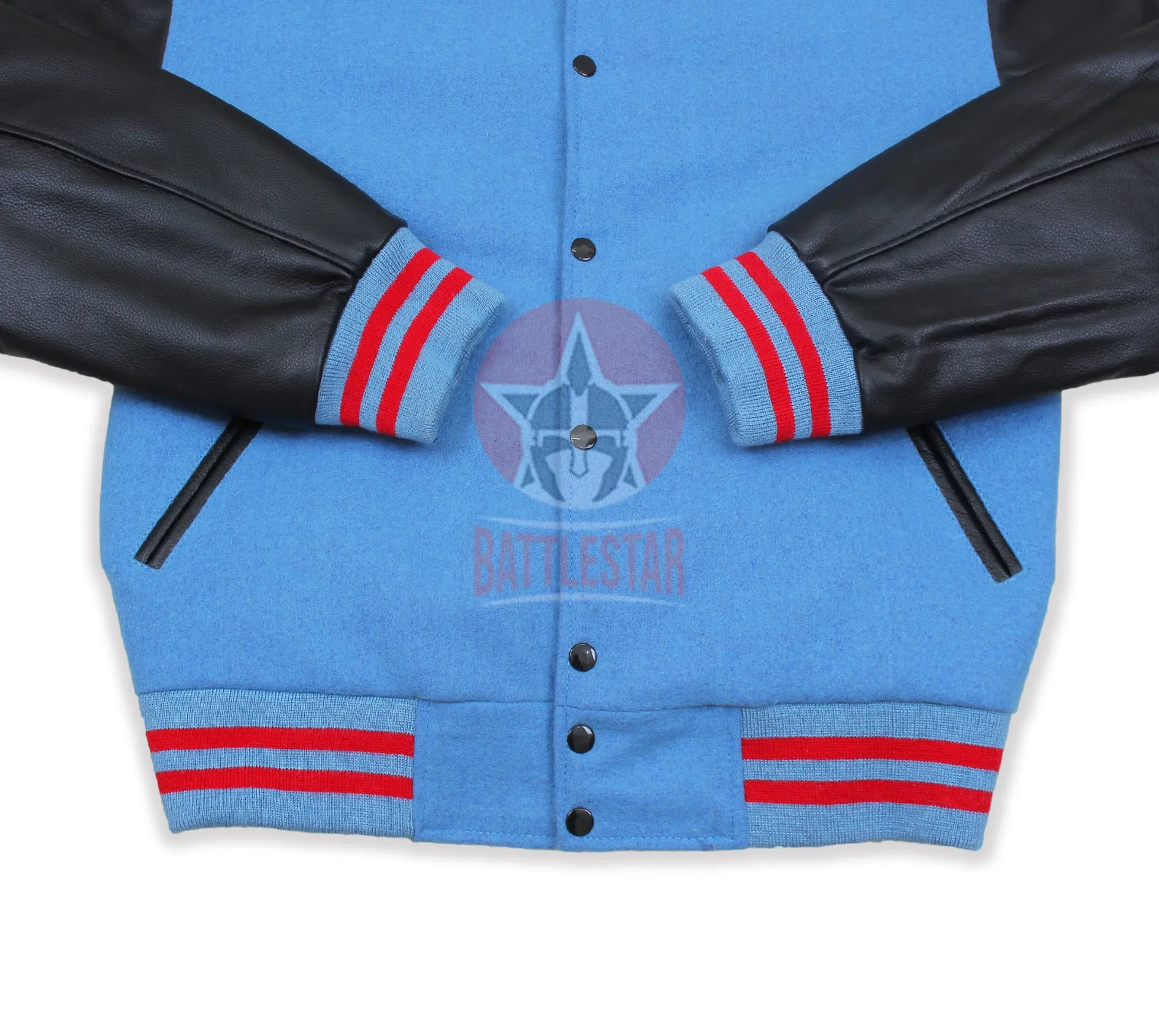 Sky Blue Wool Black Leather Sleeves Varsity Jacket