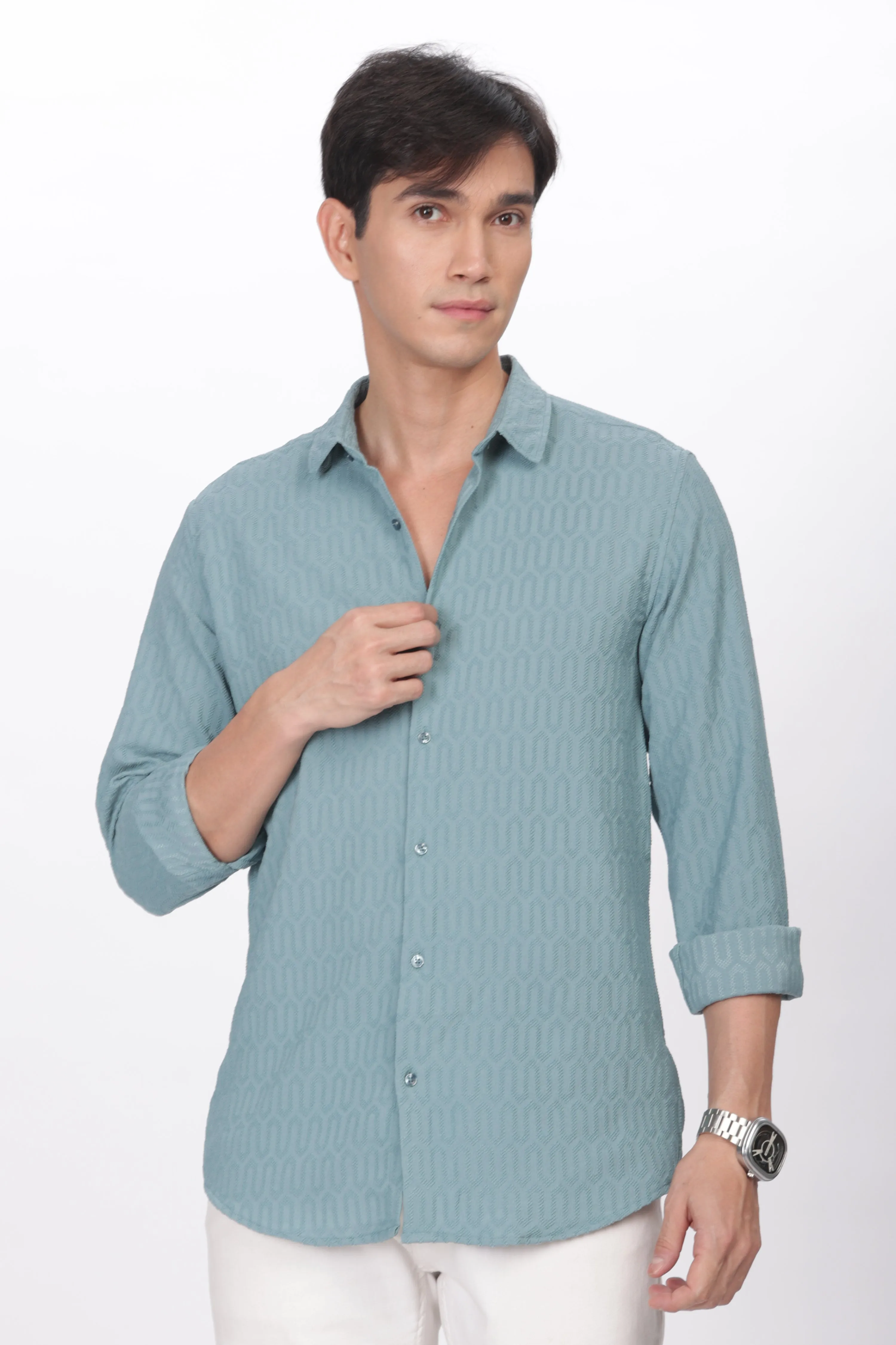 Teal - Modern Fit Textured Shirt