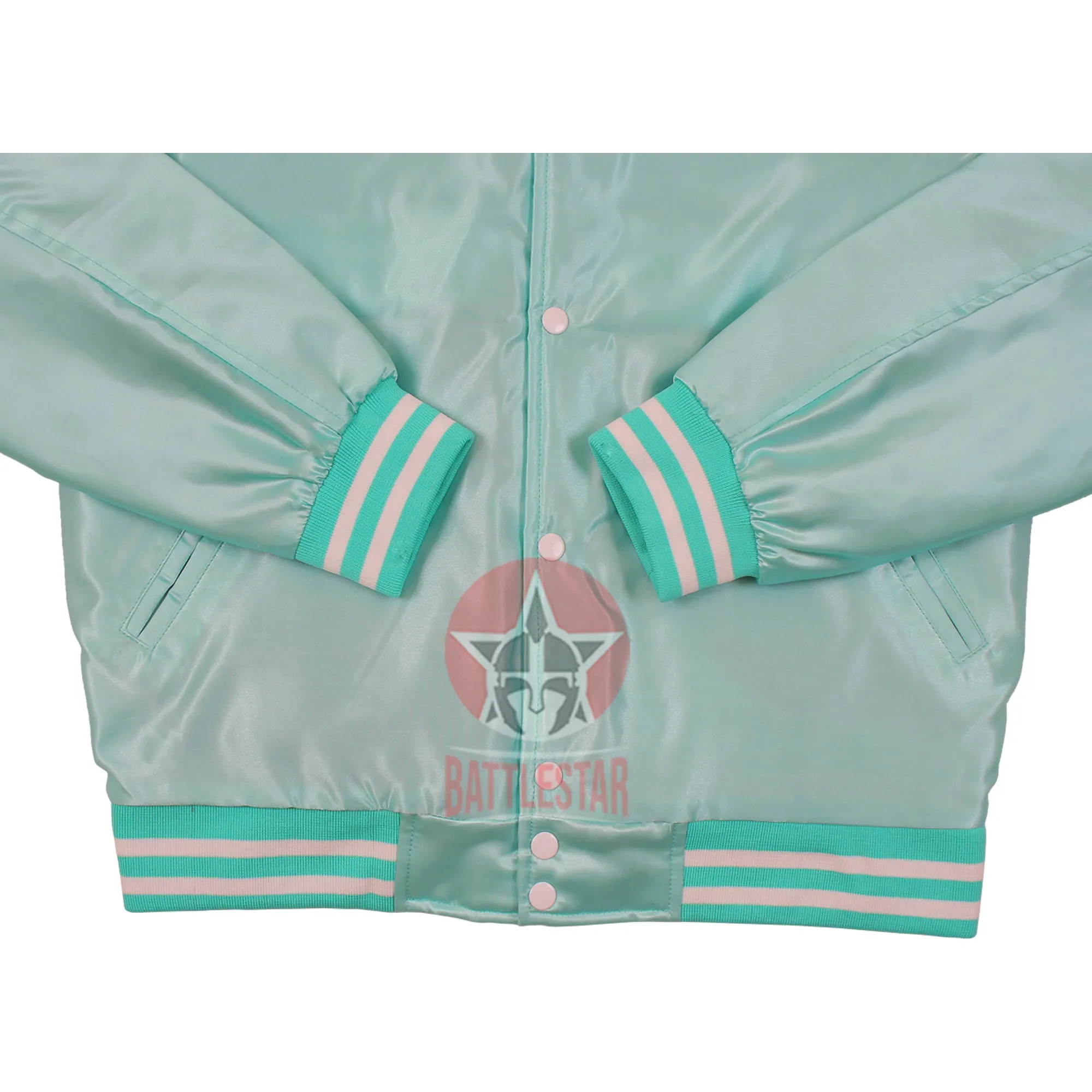 Turquoise Satin Fabric Baseball Bomber Letterman Varsity Jacket