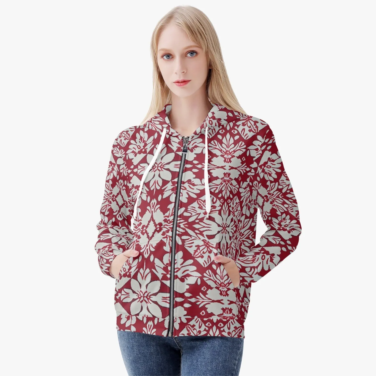 Veste à capuche zippée AOP pour femme "Rouge, fleurs blanches" (221)