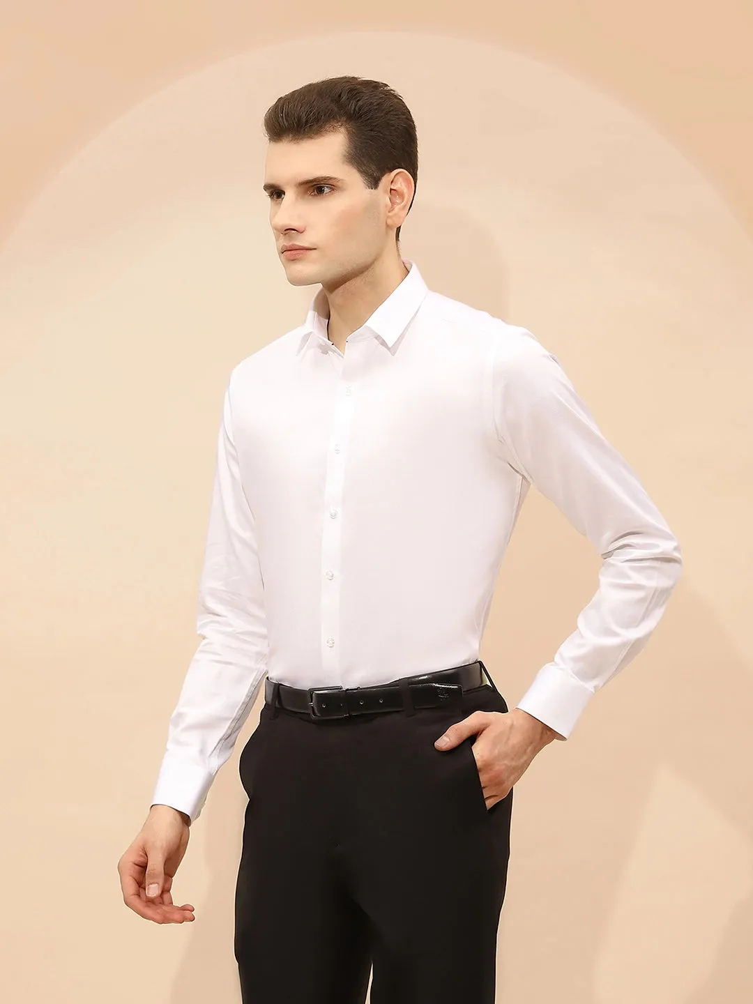 White Cotton Blend Tailored Fit Shirt For Men