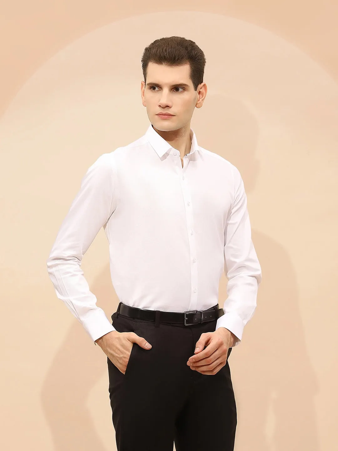 White Cotton Blend Tailored Fit Shirt For Men