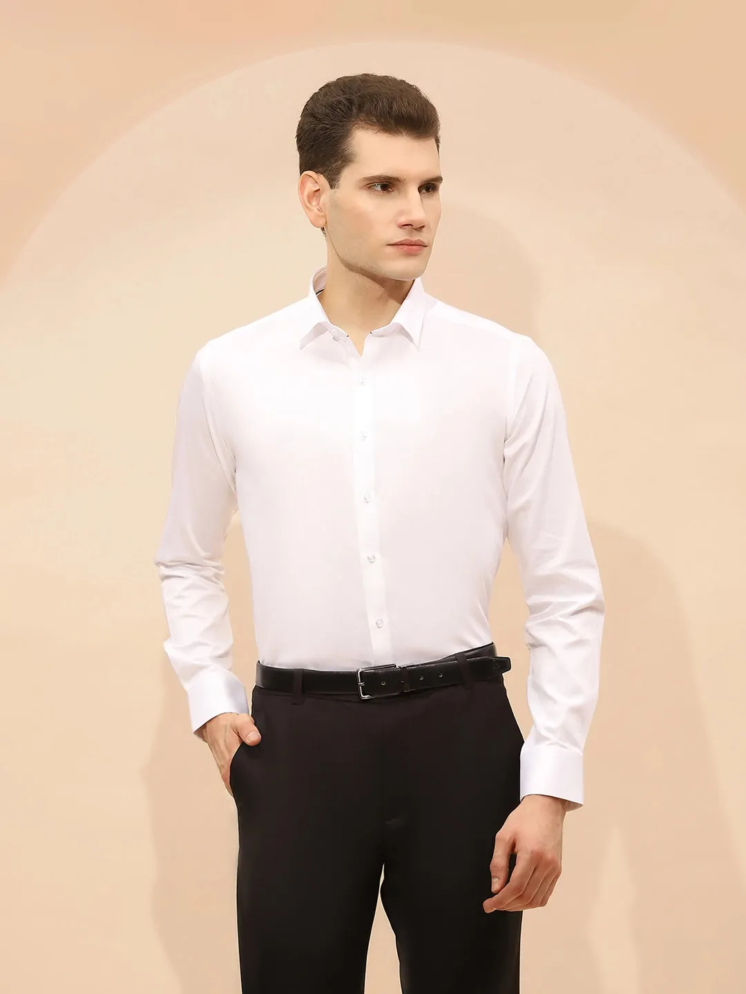 White Cotton Blend Tailored Fit Shirt For Men