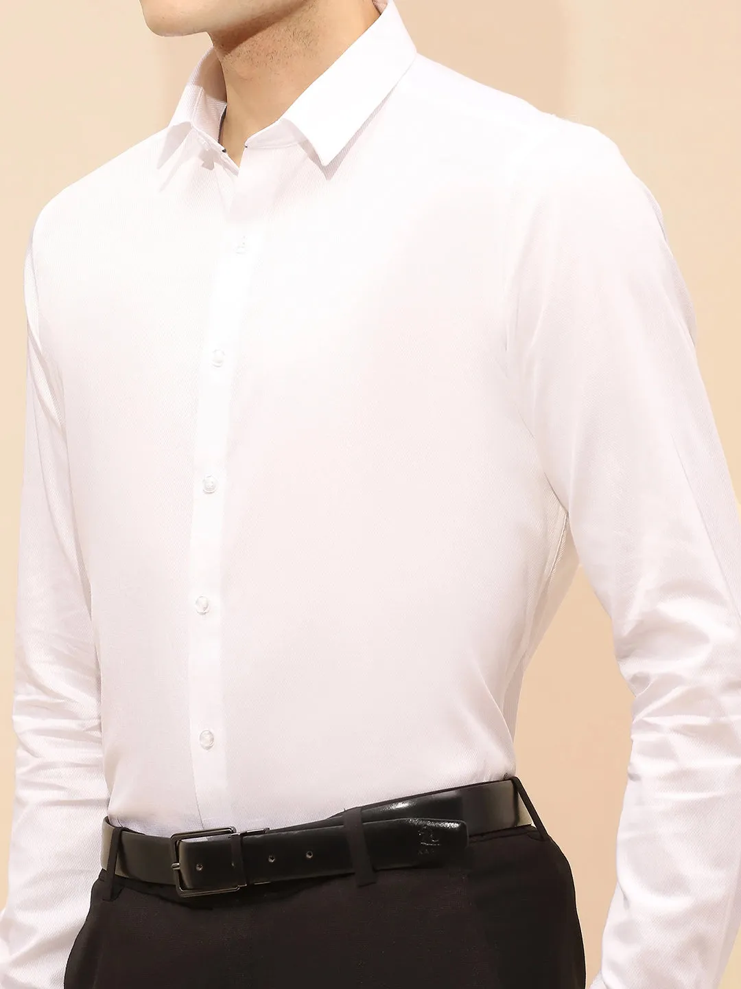 White Cotton Blend Tailored Fit Shirt For Men