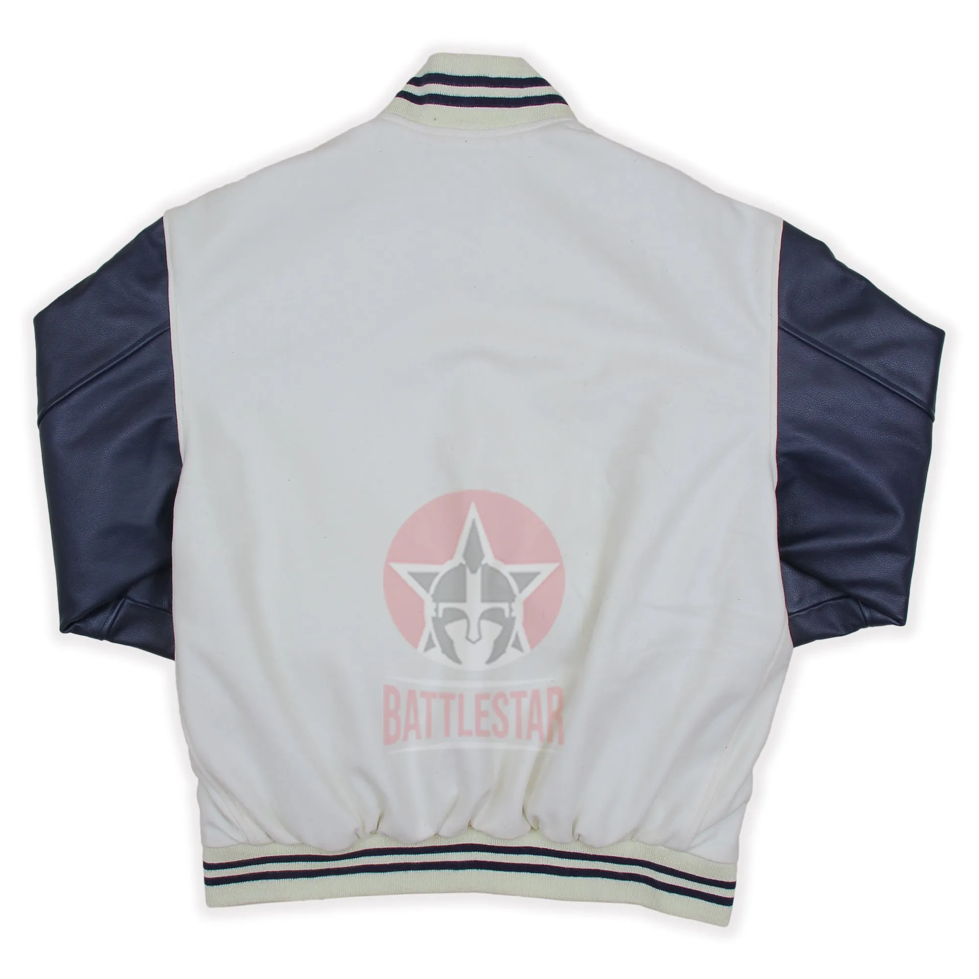 White Wool Varsity Jacket Navy Blue Leather Sleeves