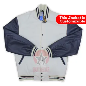 White Wool Varsity Jacket Navy Blue Leather Sleeves