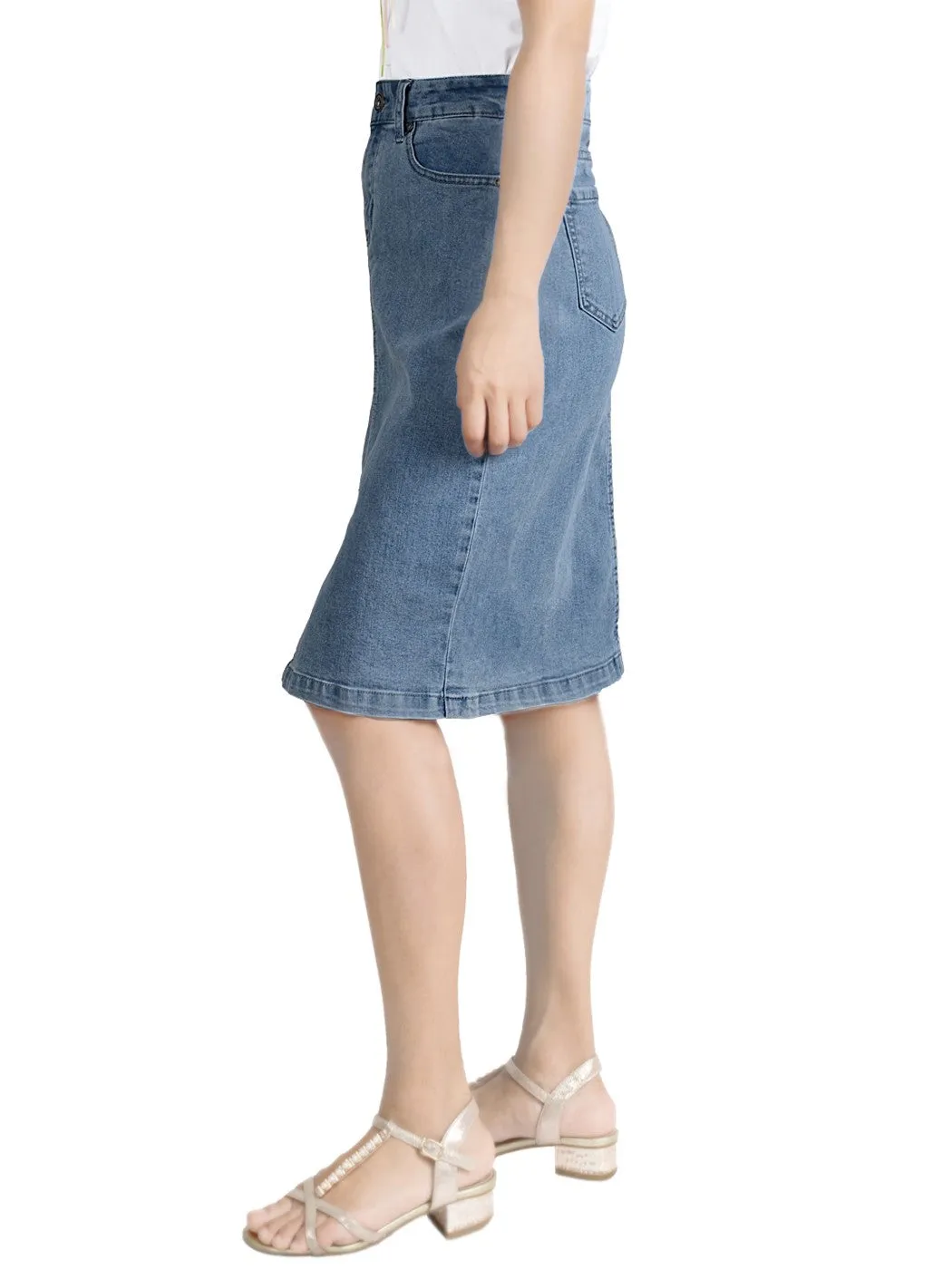 Women Comfy Soft Stretch Bodycon Blue Jean Pencil Midi Denim Skirt