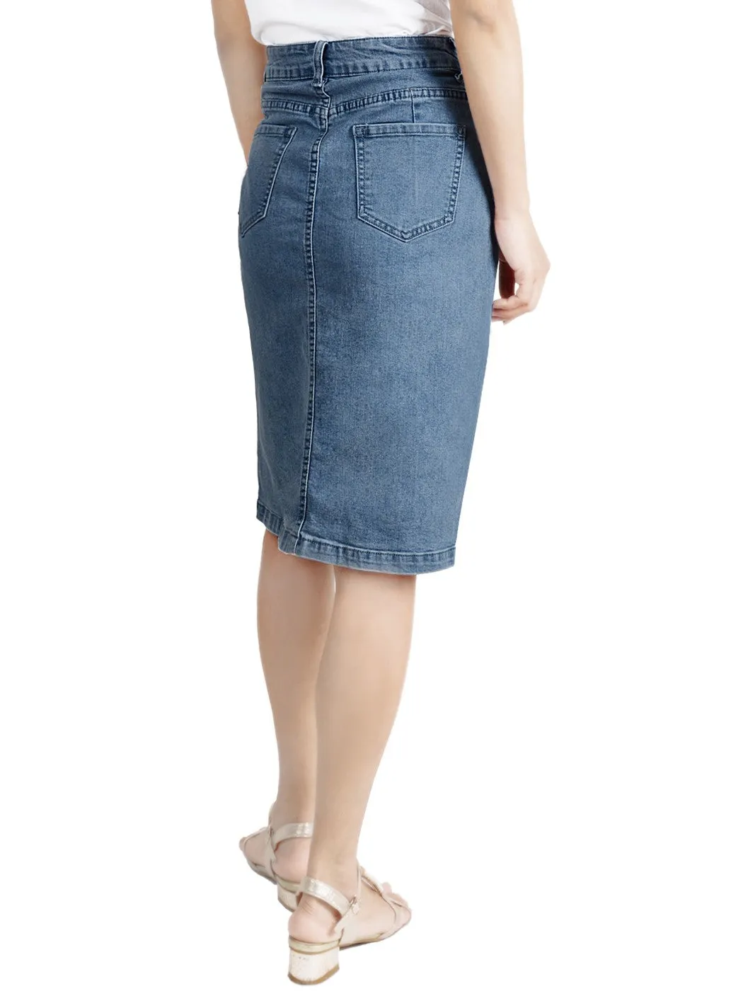 Women Comfy Soft Stretch Bodycon Blue Jean Pencil Midi Denim Skirt