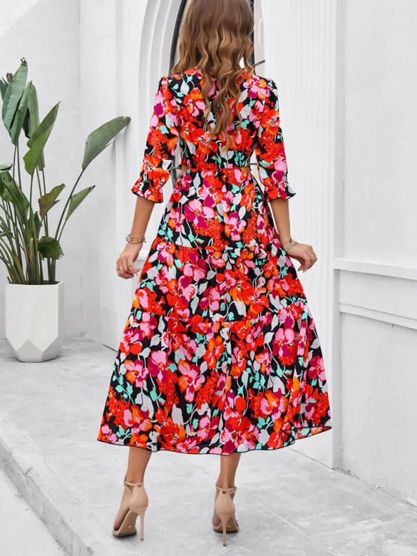 Women's Printed V-Neck Long Length Flowy Dress With Front Thigh Split