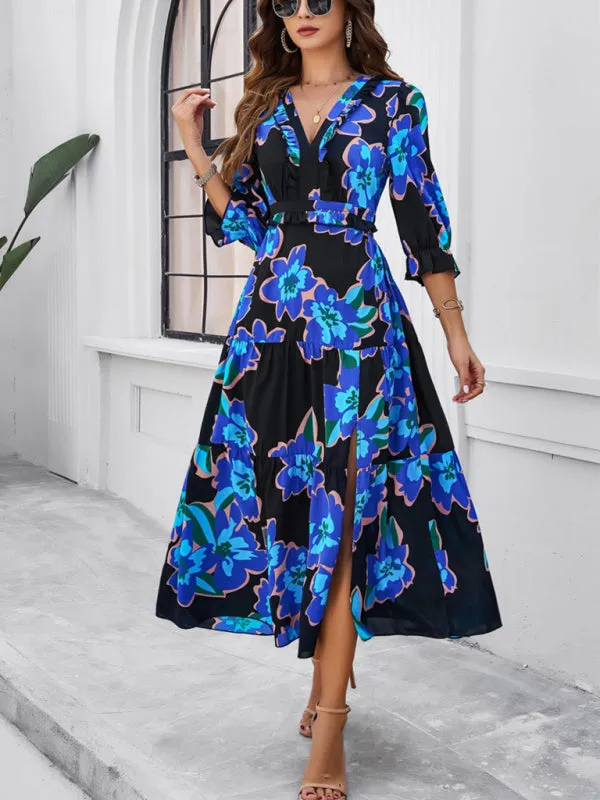 Women's Printed V-Neck Long Length Flowy Dress With Front Thigh Split