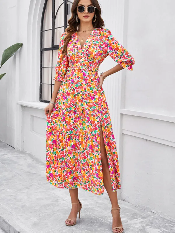 Women's Printed V-Neck Long Length Flowy Dress With Front Thigh Split