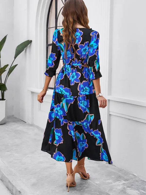 Women's Printed V-Neck Long Length Flowy Dress With Front Thigh Split