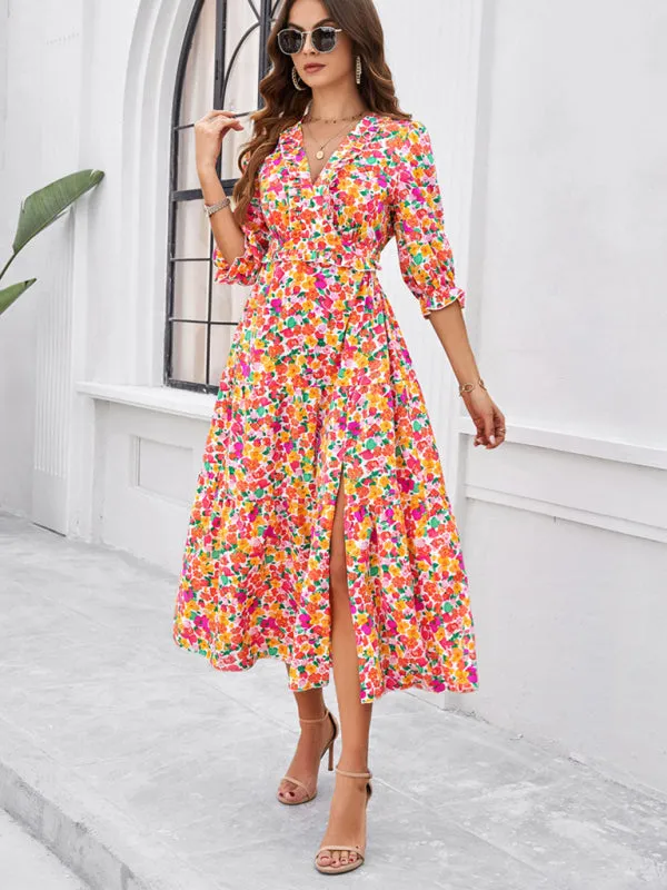 Women's Printed V-Neck Long Length Flowy Dress With Front Thigh Split