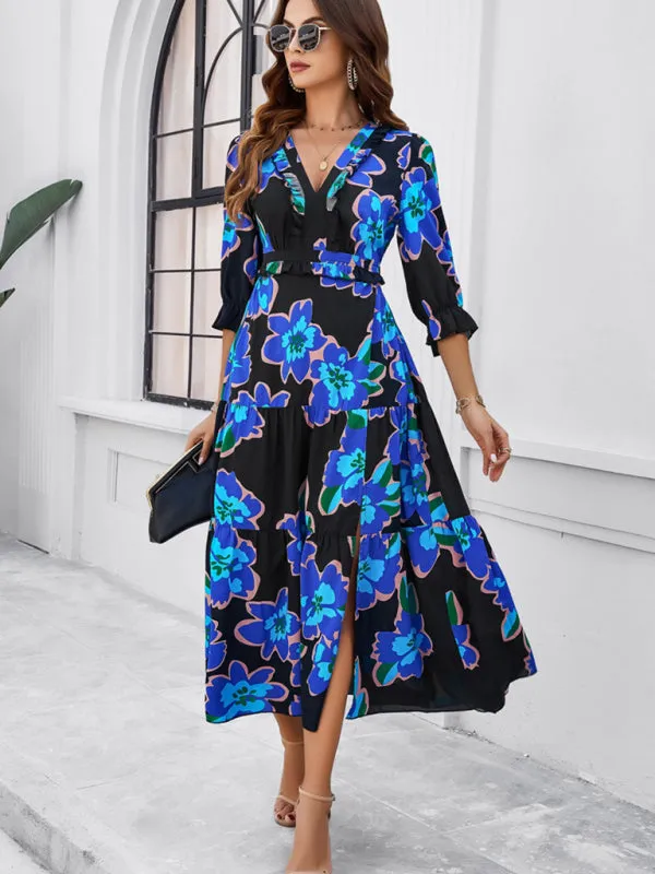 Women's Printed V-Neck Long Length Flowy Dress With Front Thigh Split