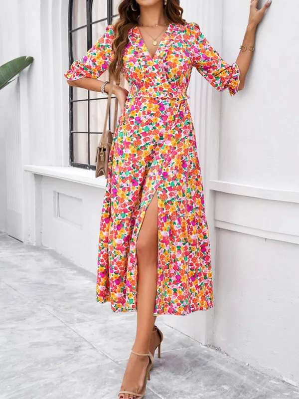 Women's Printed V-Neck Long Length Flowy Dress With Front Thigh Split