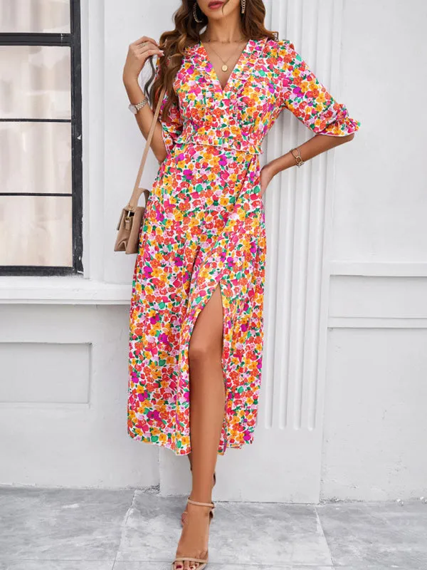 Women's Printed V-Neck Long Length Flowy Dress With Front Thigh Split